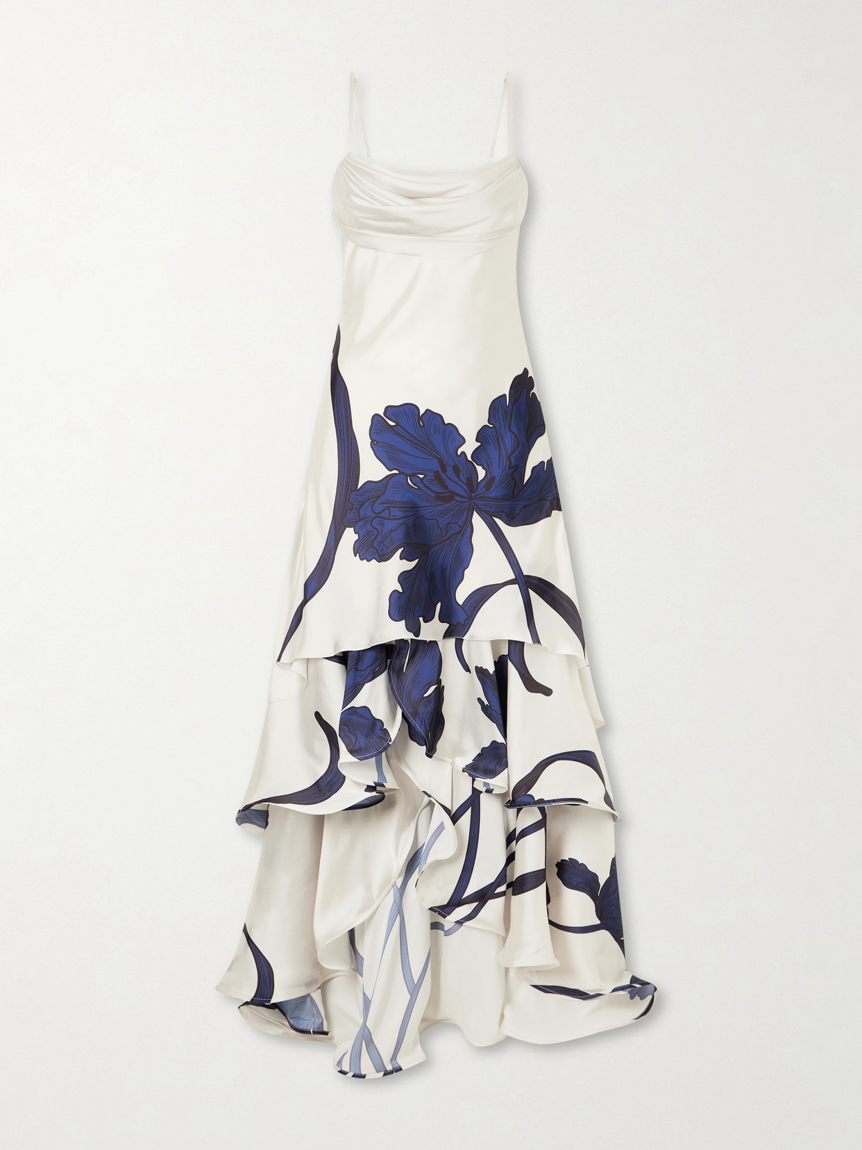Andres Otalora Inoportuna Printed Ruched Ruffled Satin Maxi Dress In Blue