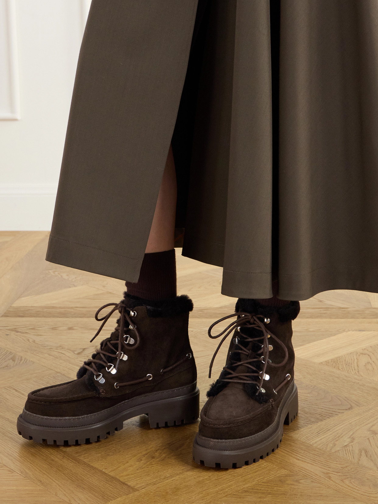 Eyelet-Detailed Brushed Shearling-Trimmed Ankle Boots