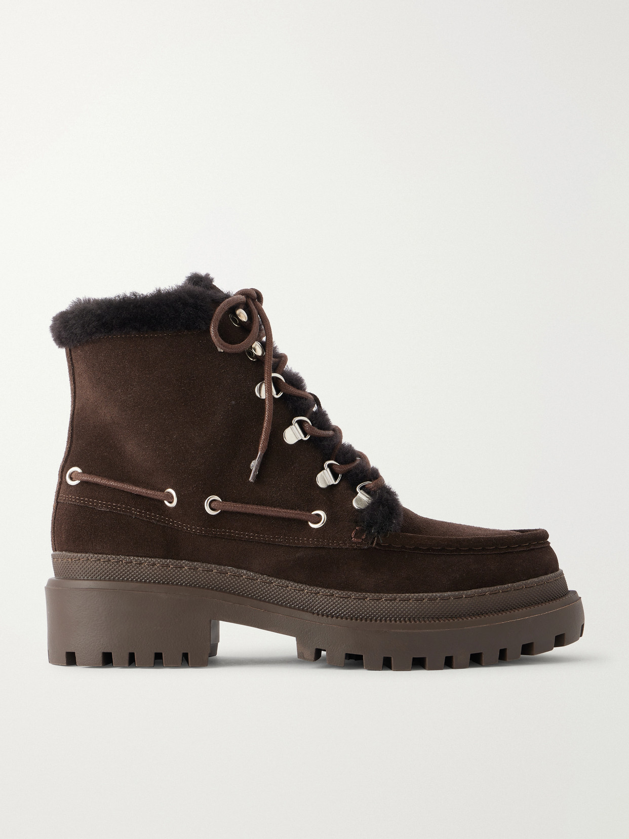 Eyelet-Detailed Brushed Shearling-Trimmed Ankle Boots