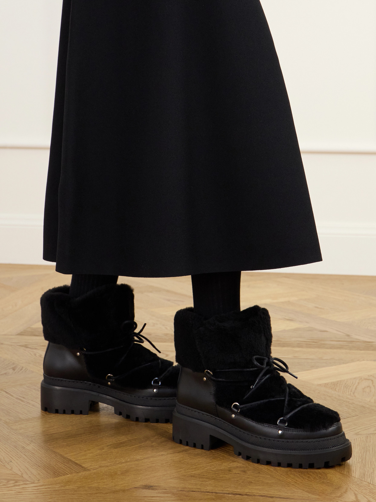 Lace-Detailed Shearling-Trimmed Ankle Boots