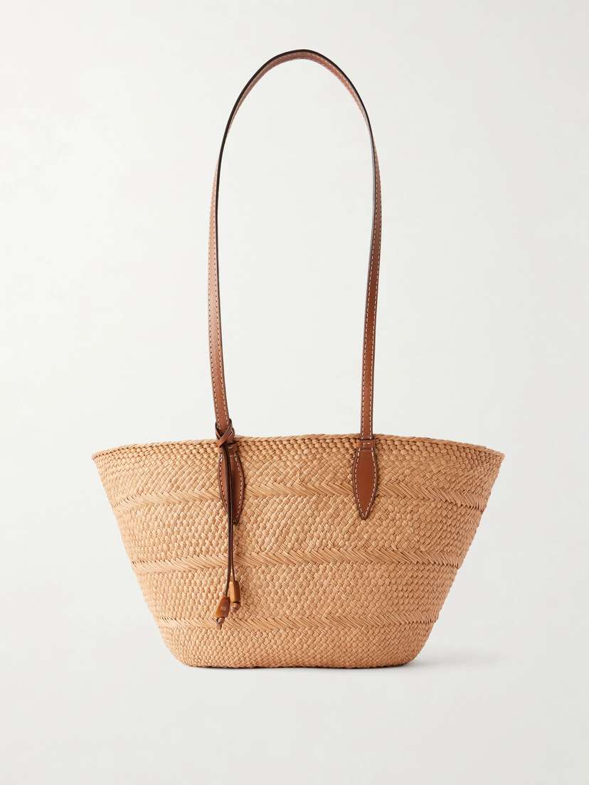 Hunting Season Trapeze Basket Leather-trimmed Raffia Tote