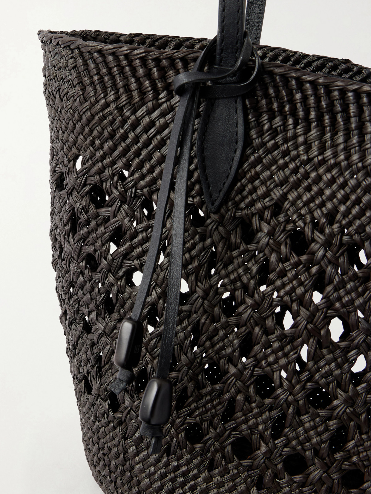 Lattice Basket Leather-Trimmed Raffia Tote