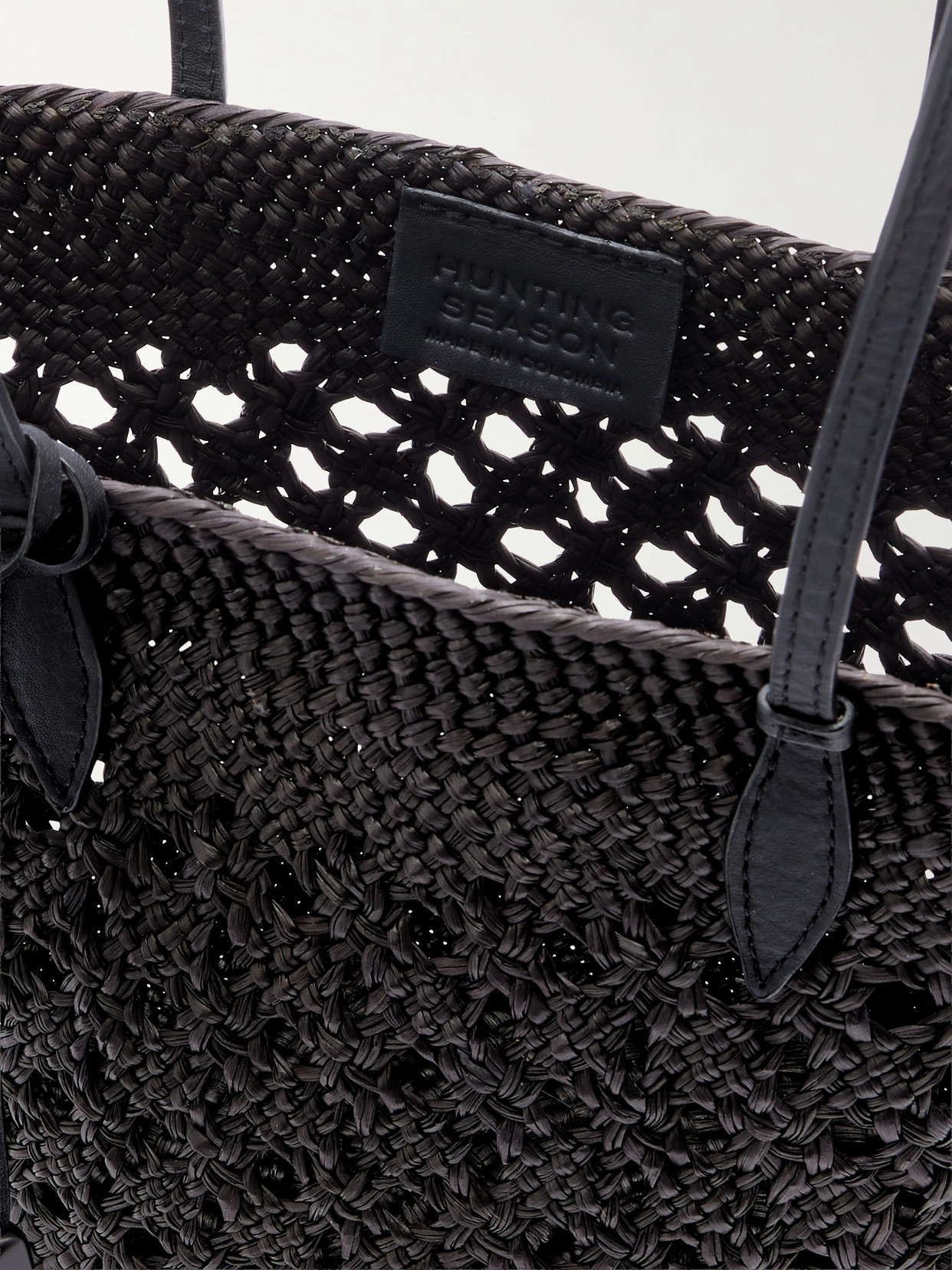 Lattice Basket Leather-Trimmed Raffia Tote