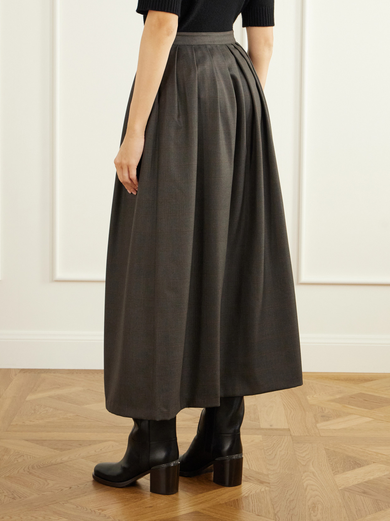 Pleated Prince Of Wales Checked Herringbone Midi