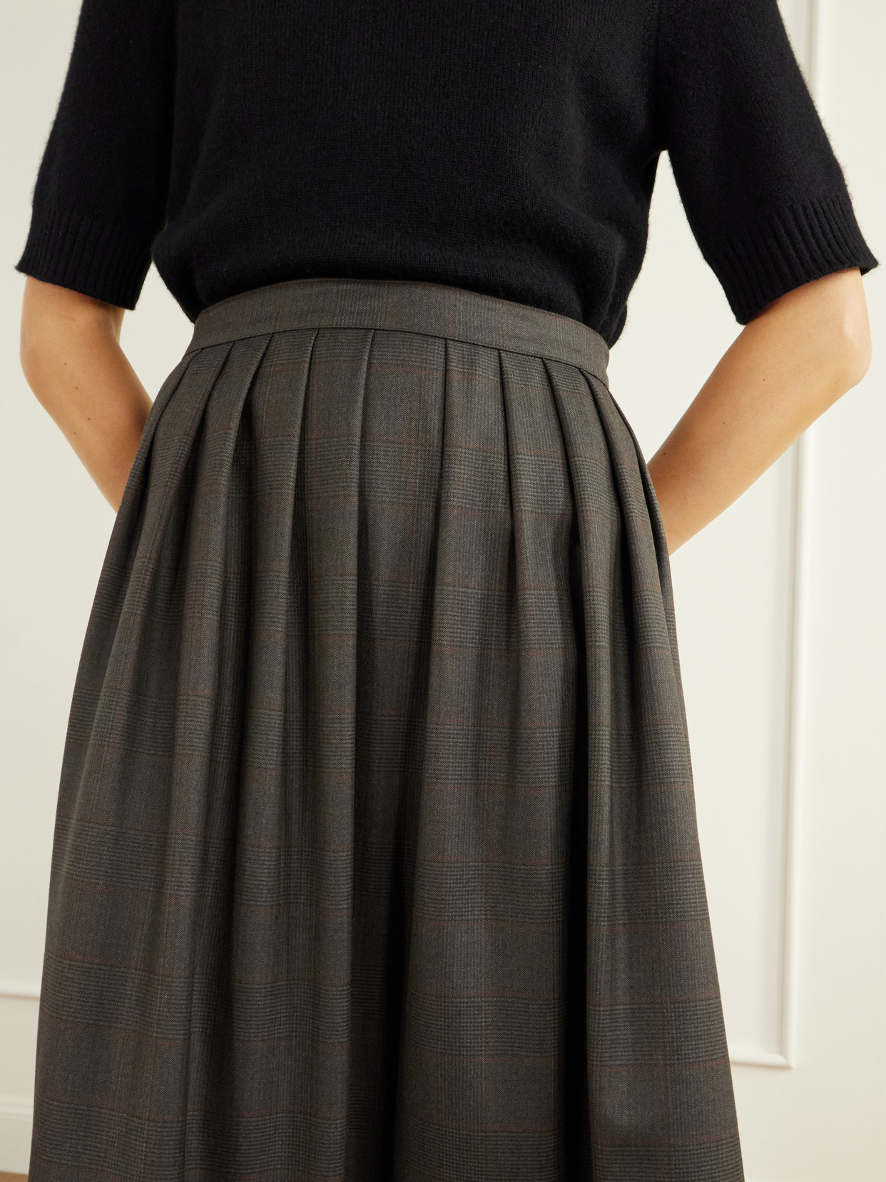 Pleated Prince Of Wales Checked Herringbone Midi