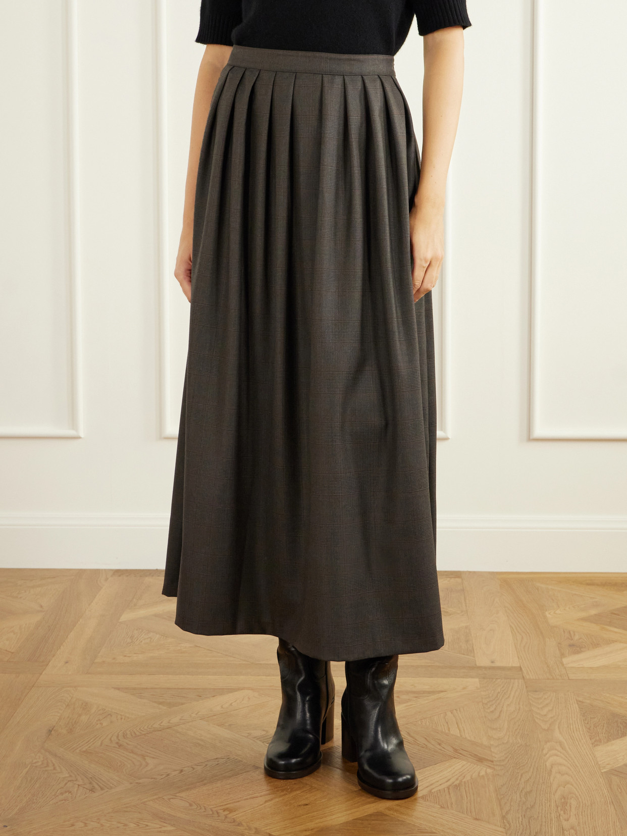 Pleated Prince Of Wales Checked Herringbone Midi