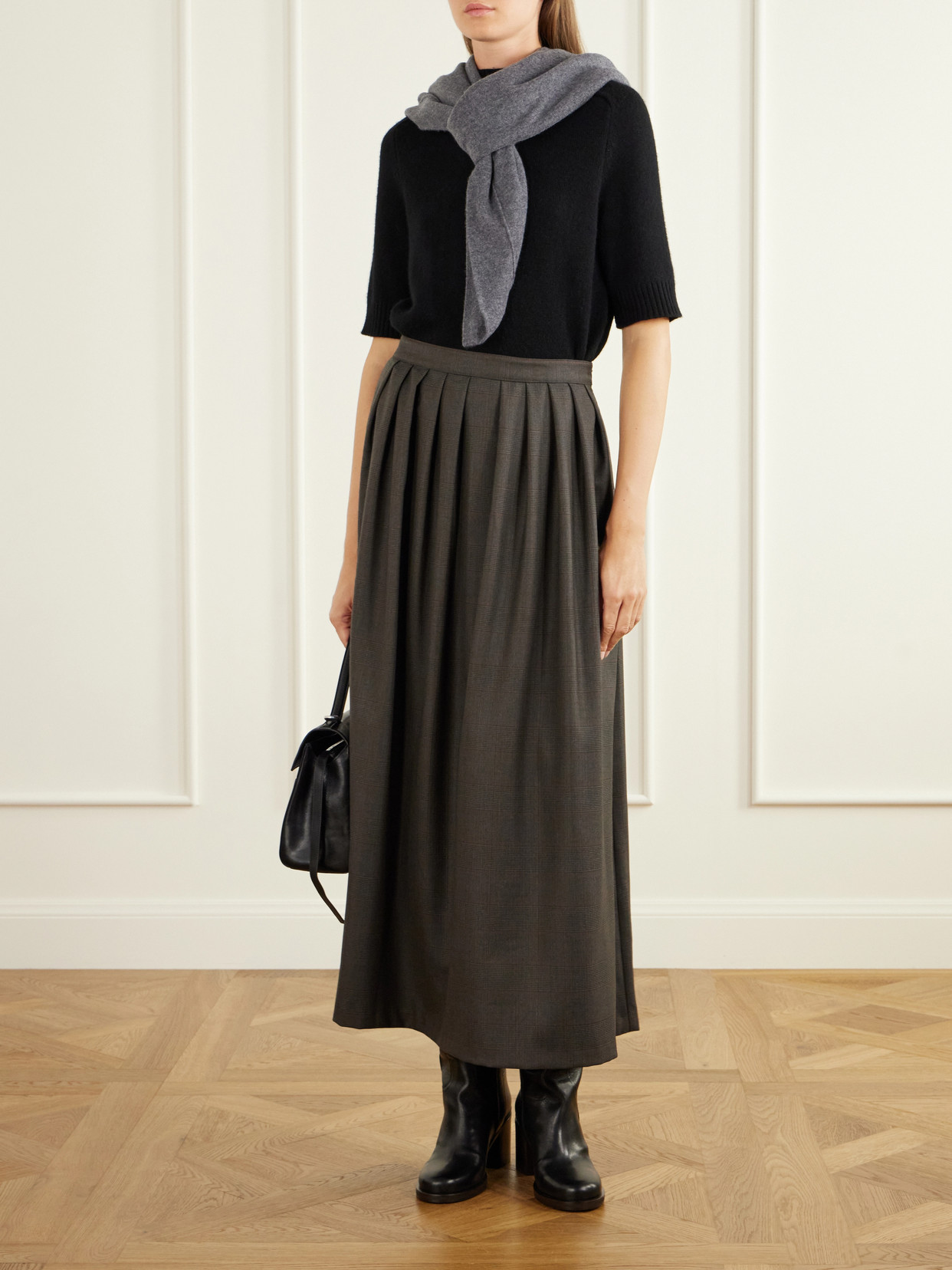 Pleated Prince Of Wales Checked Herringbone Midi
