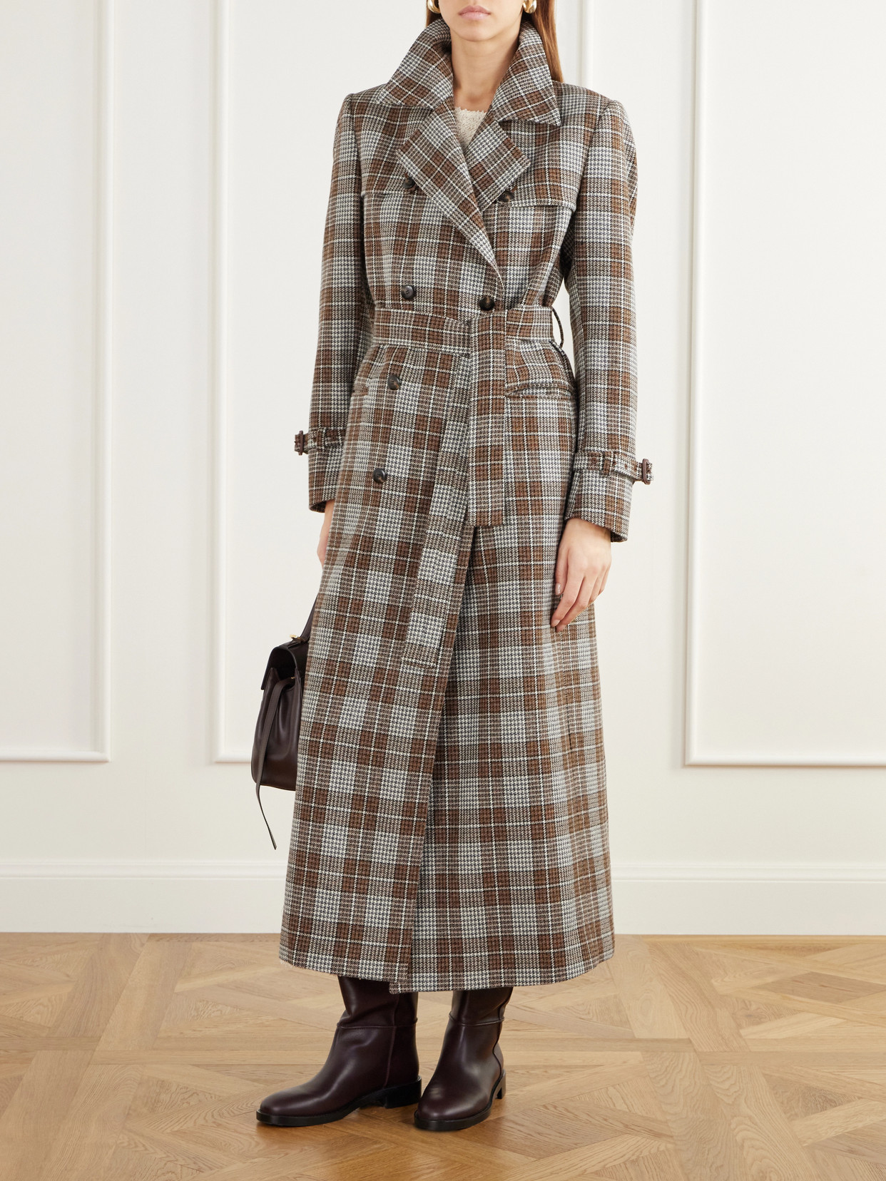 The Camilla Double-Breasted Belted Checked Wool-Houndstooth Trench Coat
