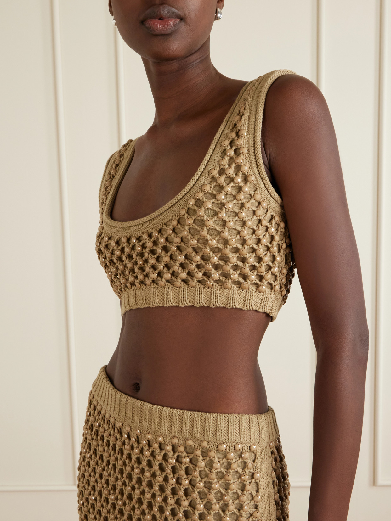 Lady Embellished Cropped Crocheted Cotton-Blend Top