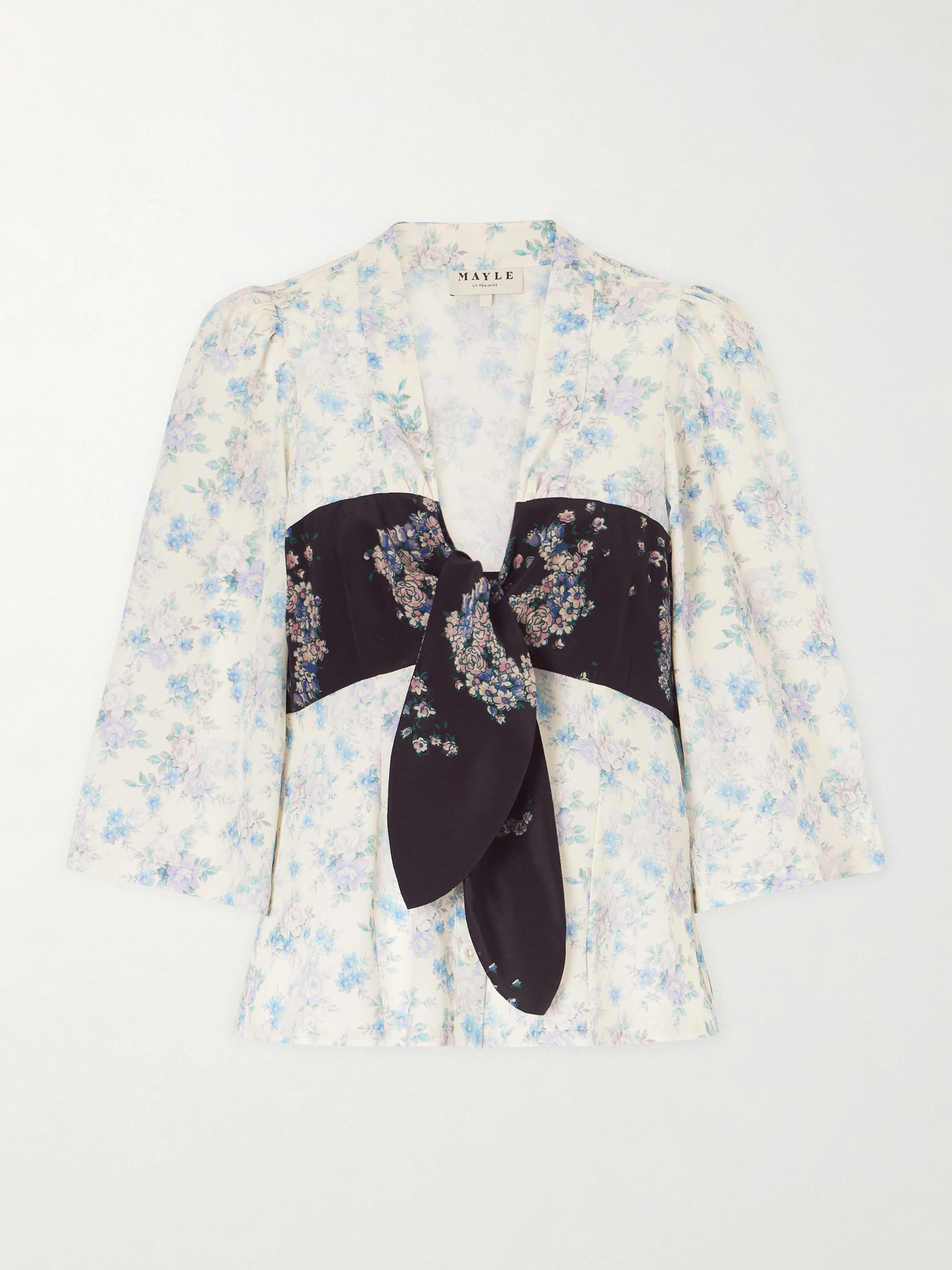 Maison Mayle Kazu Floral-print Silk Top In Gray