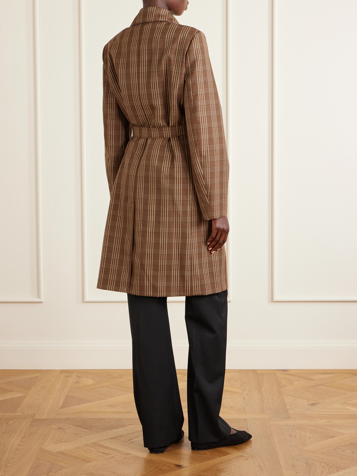 Linear Belted Checked Wool-Canvas Coat