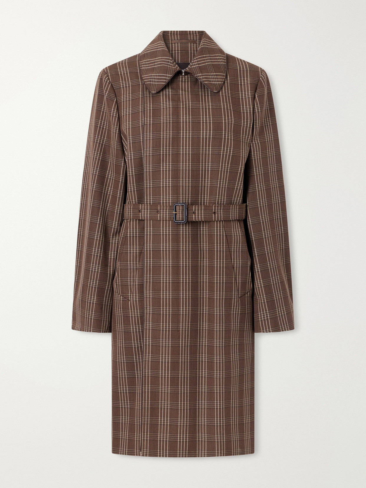 Wales Bonner Linear Belted Checked Wool-canvas Coat In Brown