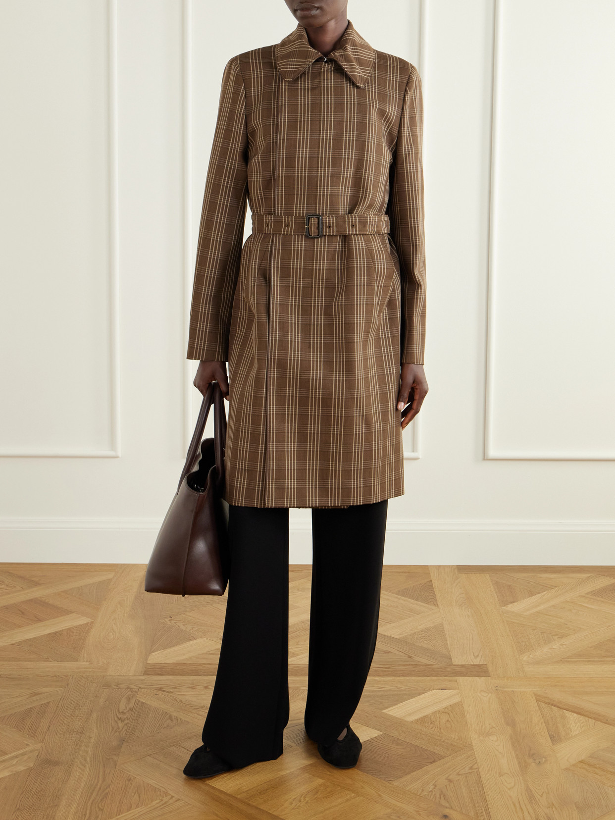 Linear Belted Checked Wool-Canvas Coat
