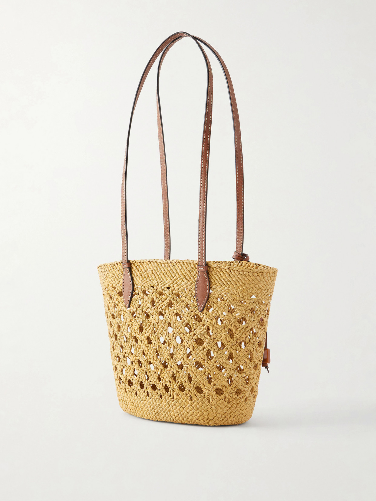 Lattice Basket Leather-Trimmed Raffia Tote