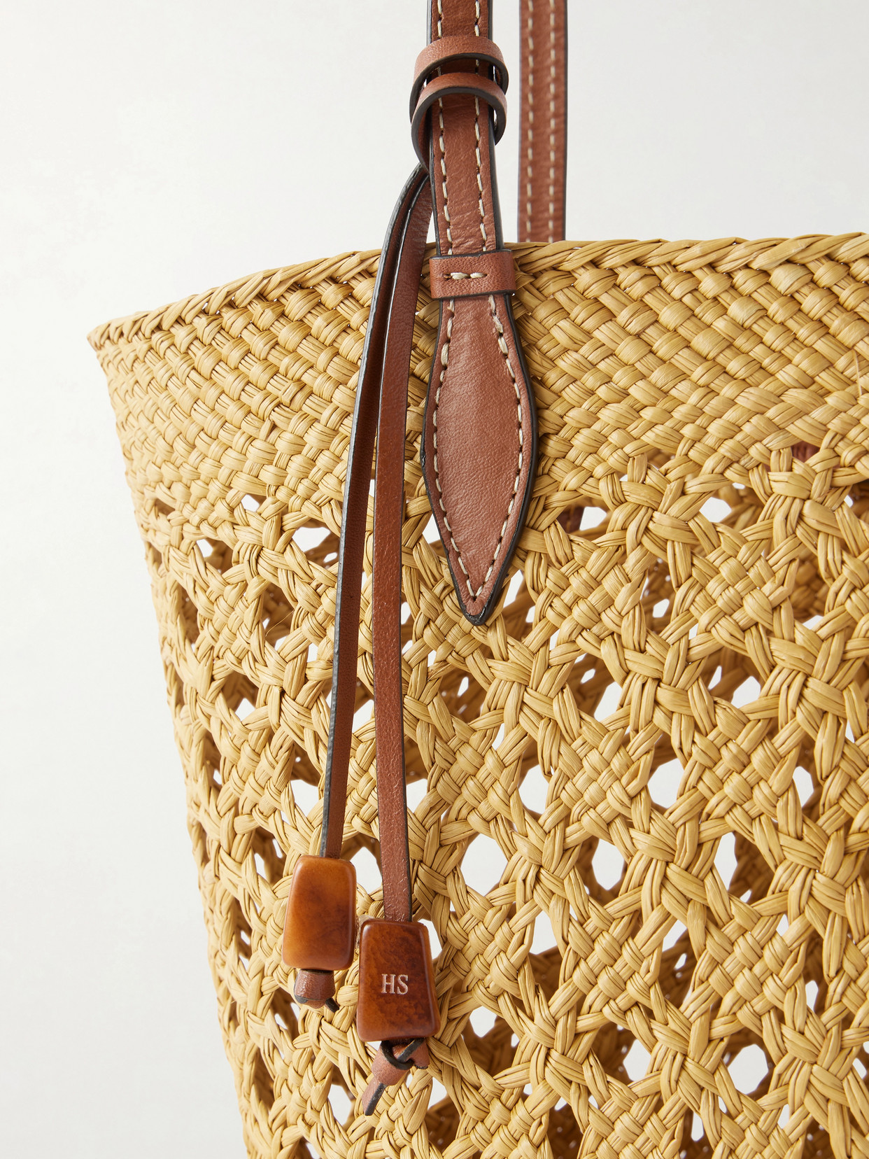 Lattice Basket Leather-Trimmed Raffia Tote