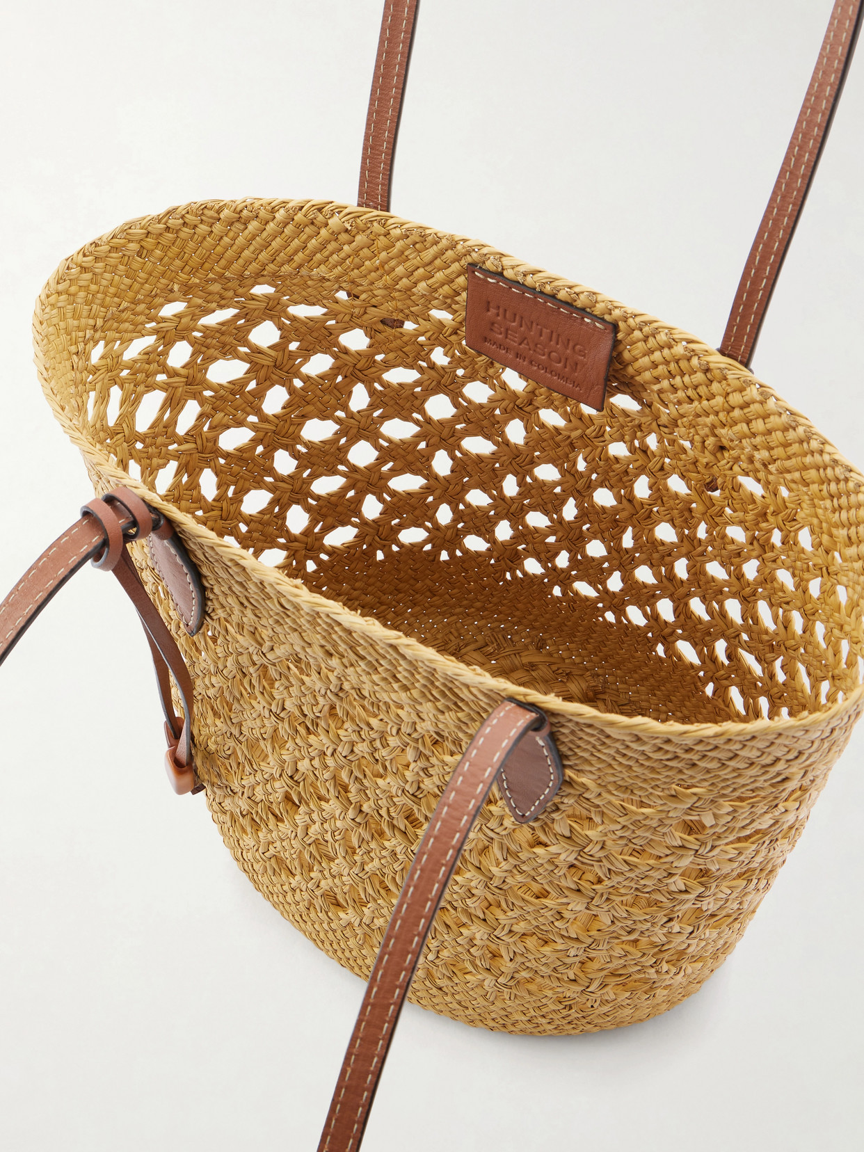 Lattice Basket Leather-Trimmed Raffia Tote