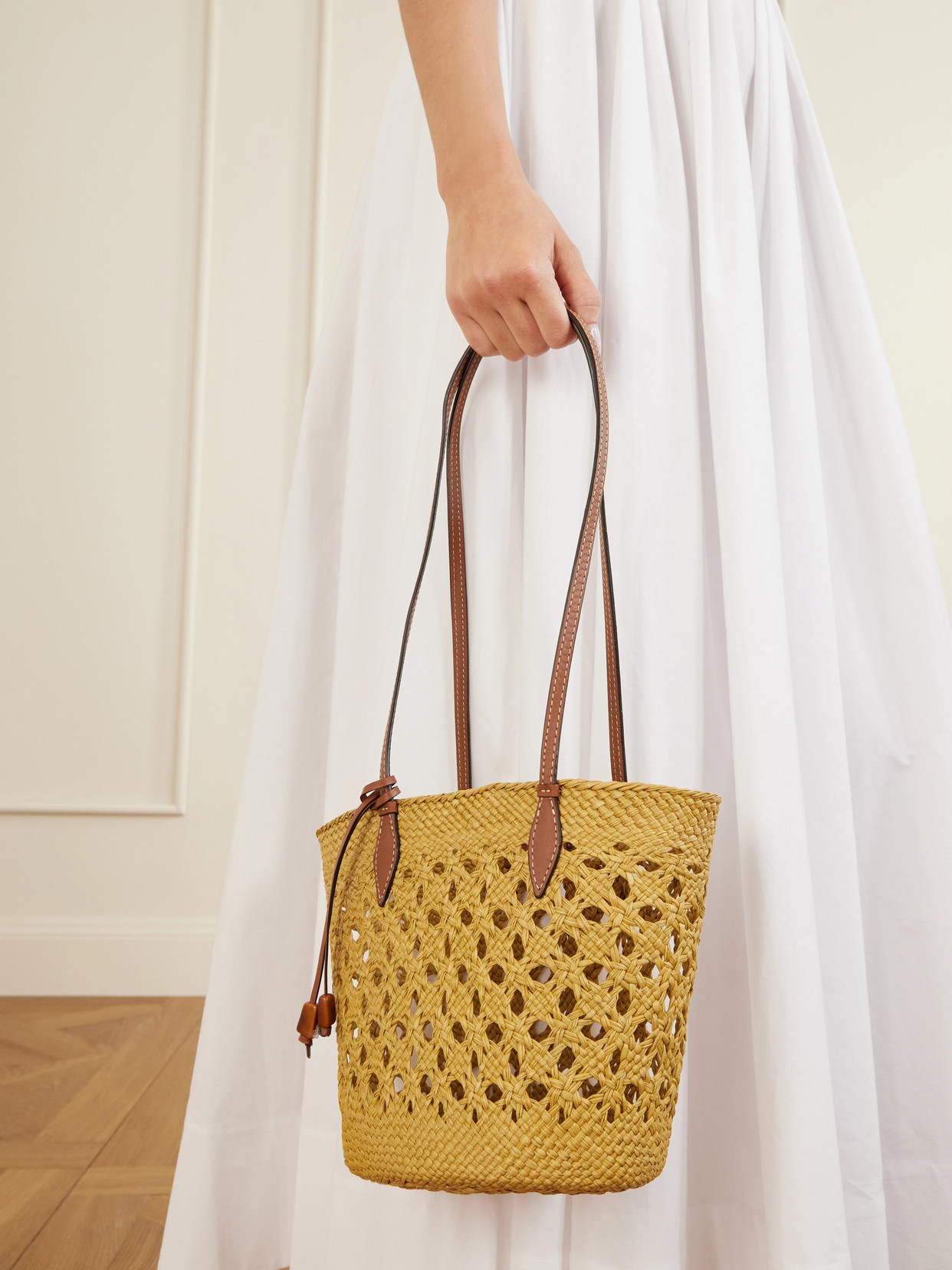 Lattice Basket Leather-Trimmed Raffia Tote