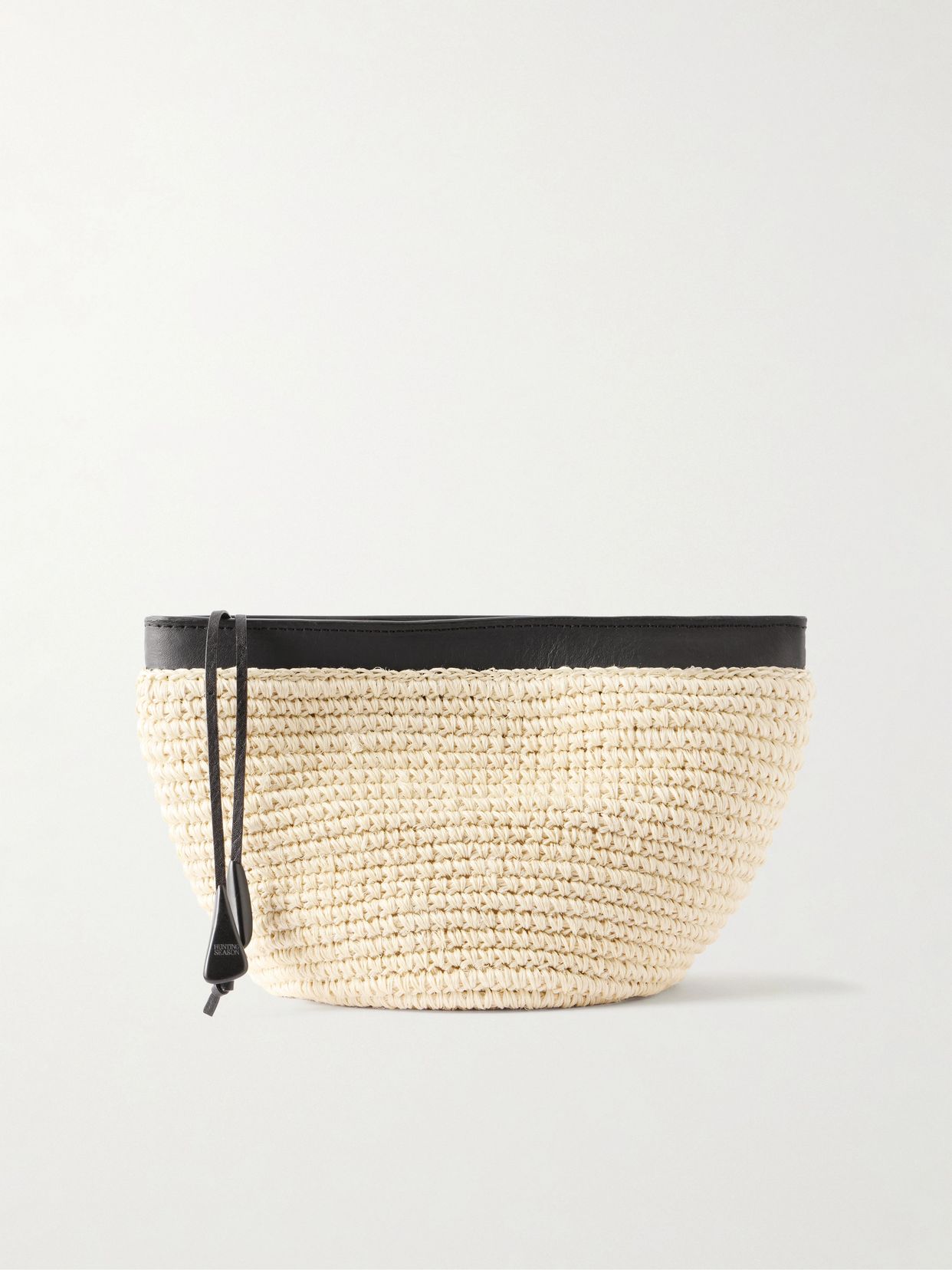 Leather-trimmed raffia clutch