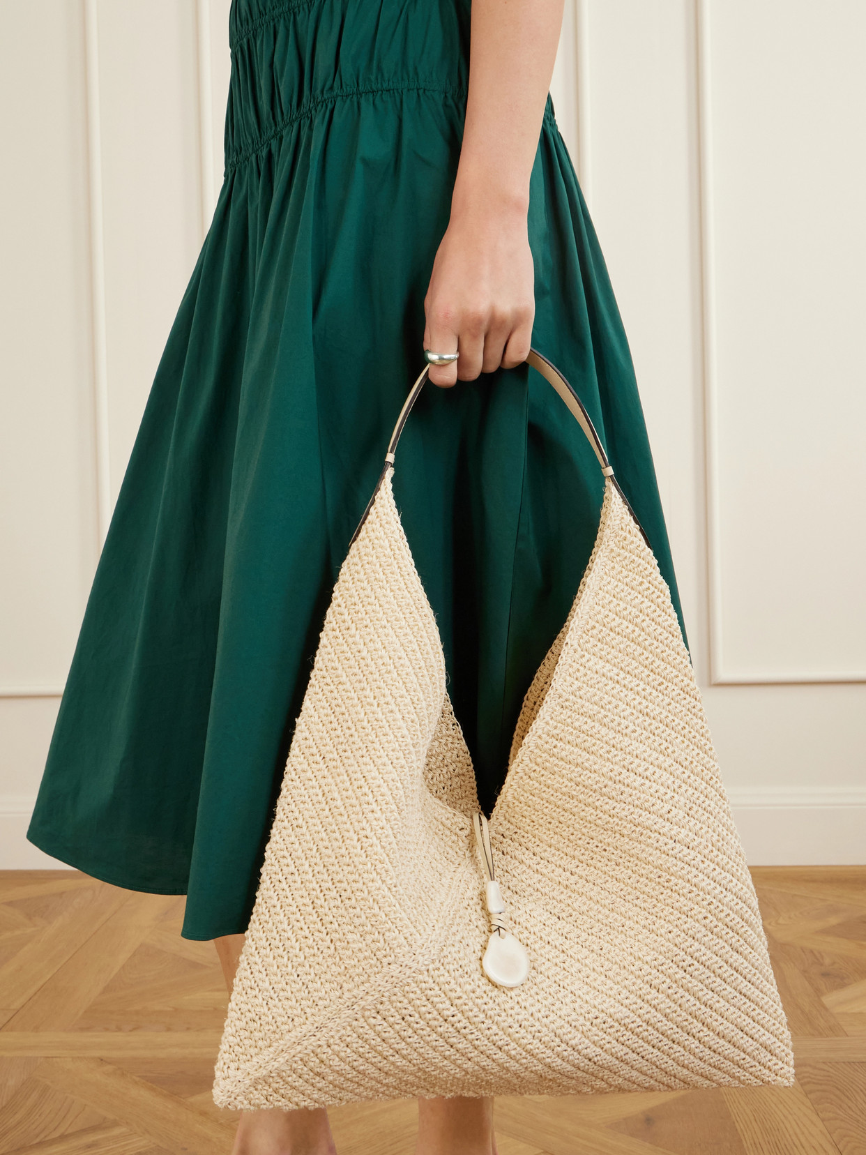 Origami Large Leather-Trimmed Raffia Tote