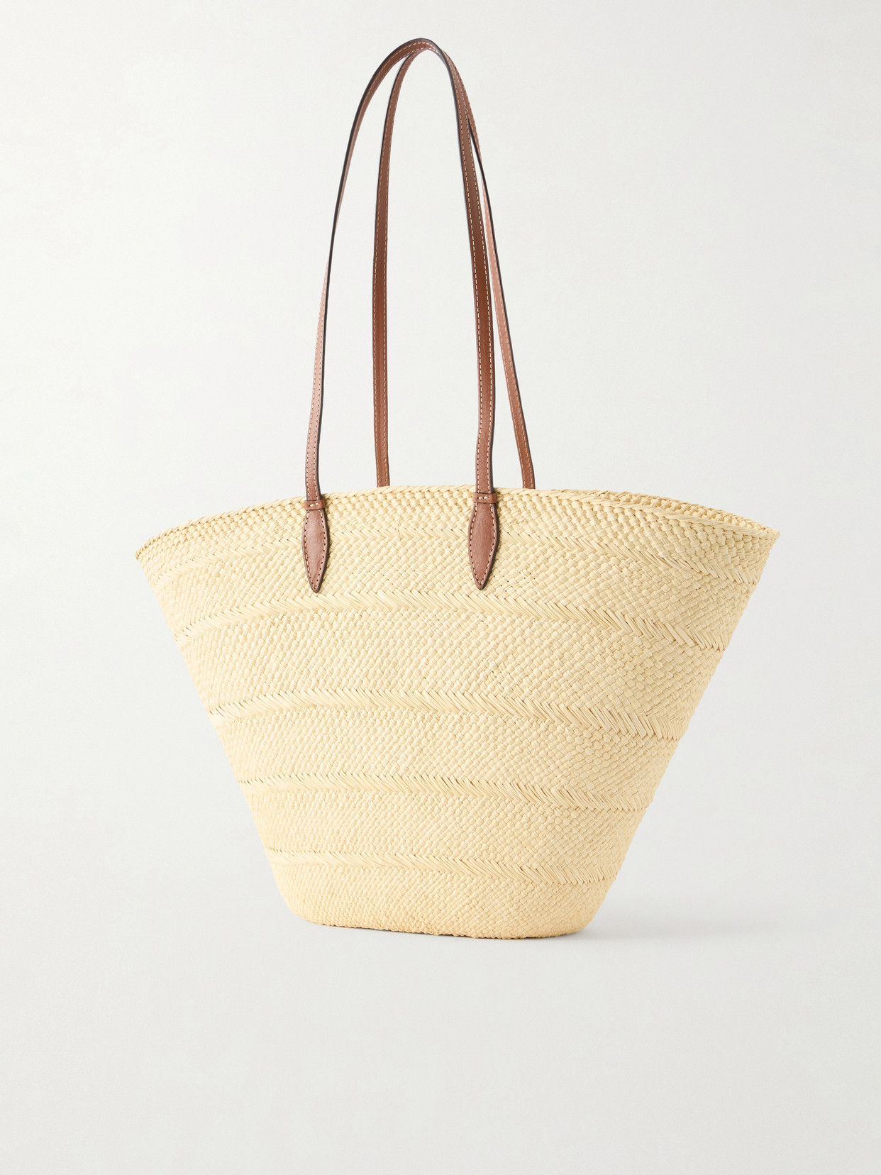 Trapeze Basket Leather-Trimmed Woven Raffia Tote
