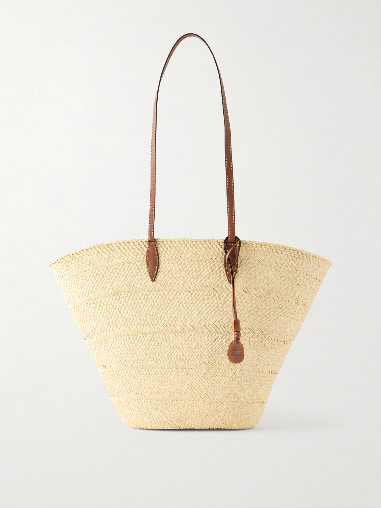 Hunting Season Trapeze Basket Leather-trimmed Woven Raffia Tote In Brown