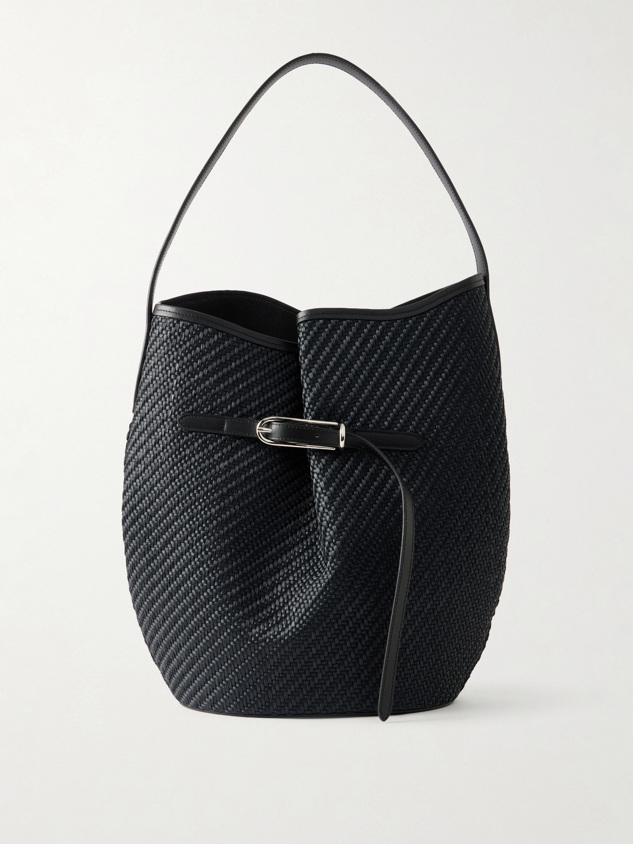 Liffner Belted Bucket Leather-trimmed Raffia Bucket Bag In Black