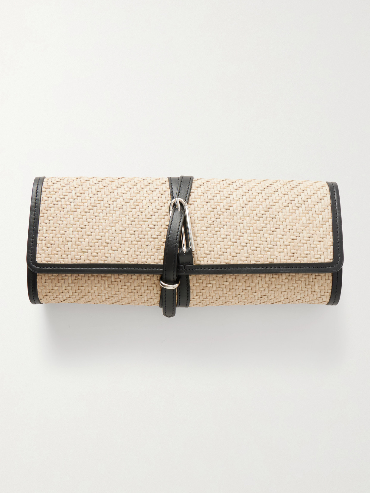 Liffner Belted Leather-trimmed Raffia Clutch In Neutral
