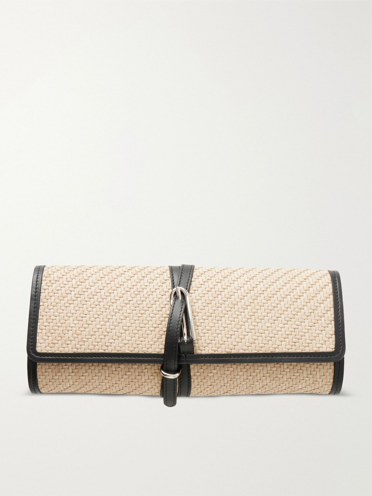 Leather-trimmed raffia clutch