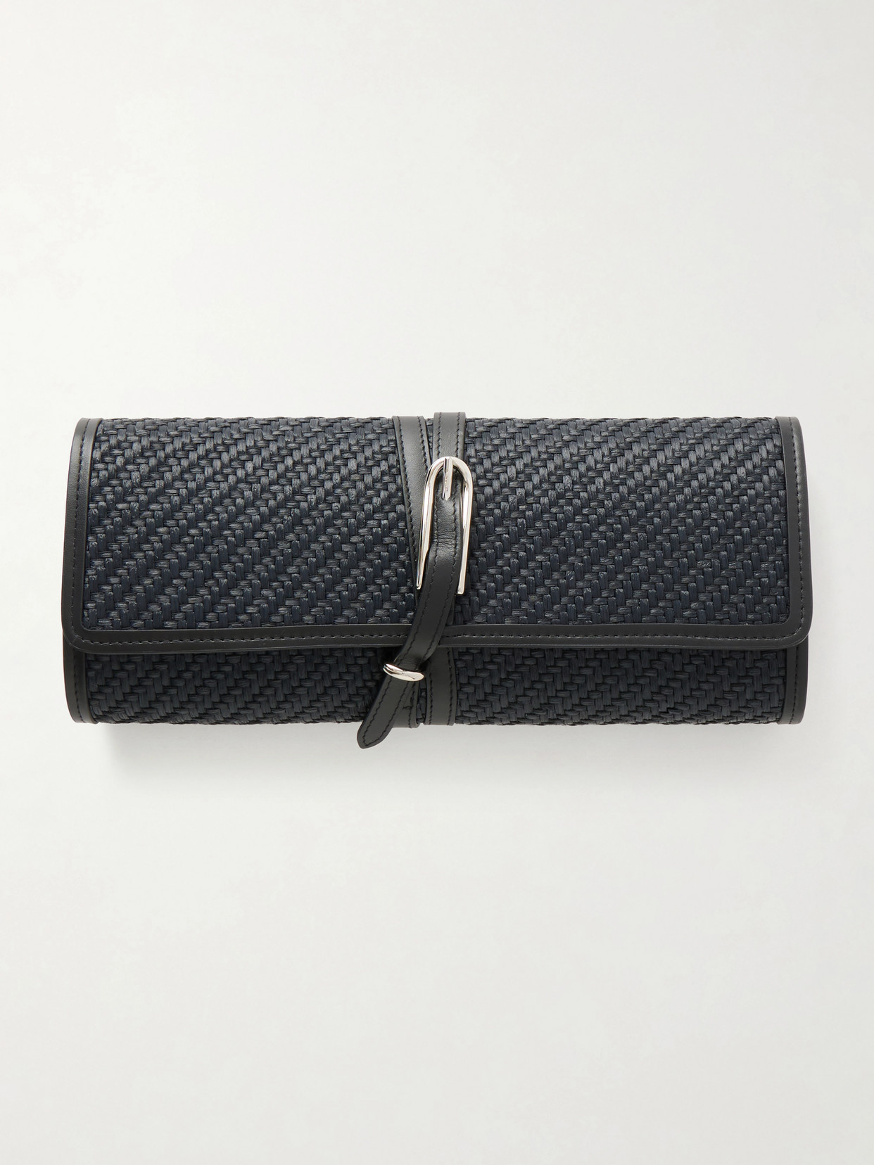 Liffner Belted Leather-trimmed Raffia Clutch In Black