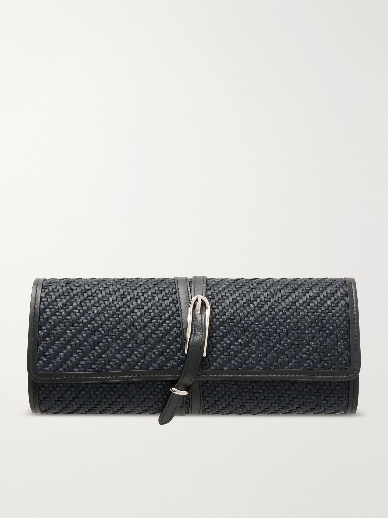 Belted leather-trimmed raffia clutch