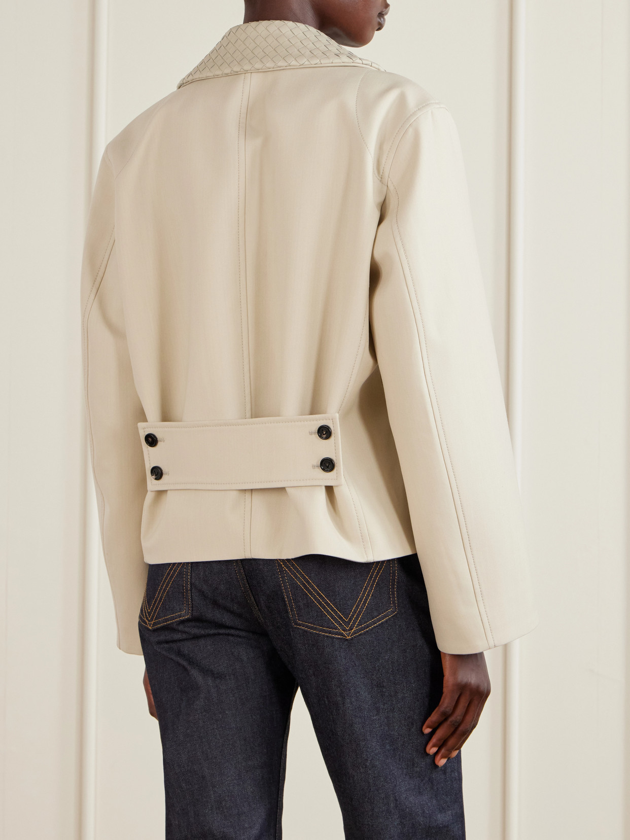 Double-Breasted Intrecciato Leather-Trimmed Wool And Cotton-Blend Jacket