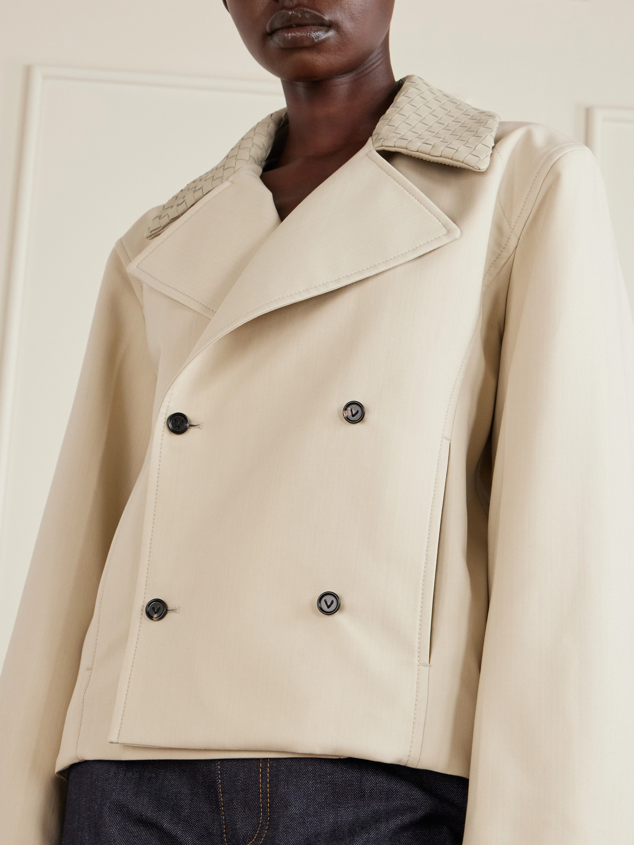 Double-Breasted Intrecciato Leather-Trimmed Wool And Cotton-Blend Jacket