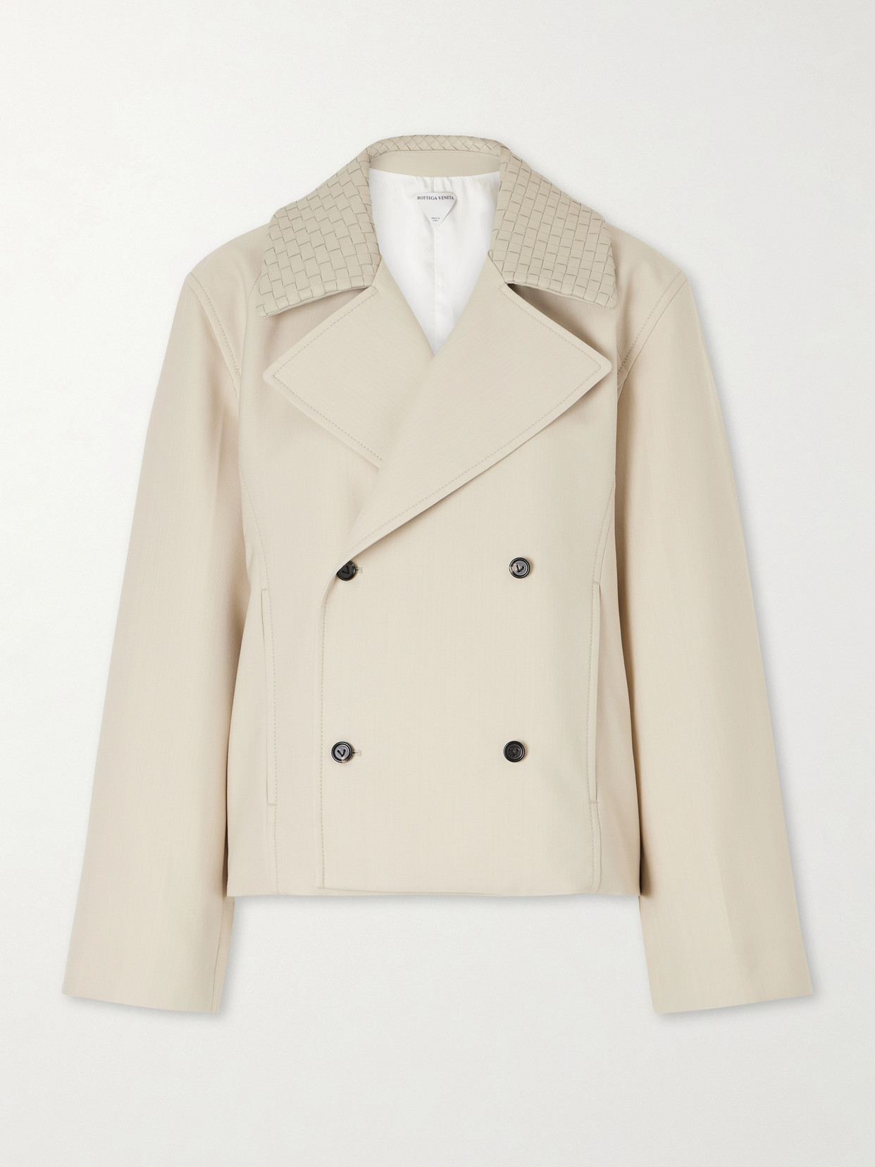 Bottega Veneta - Double-breasted Intrecciato Leather-trimmed Wool And Cotton-blend Jacket - Neutrals