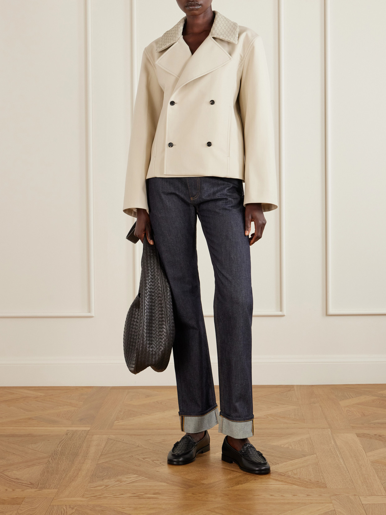 Double-Breasted Intrecciato Leather-Trimmed Wool And Cotton-Blend Jacket