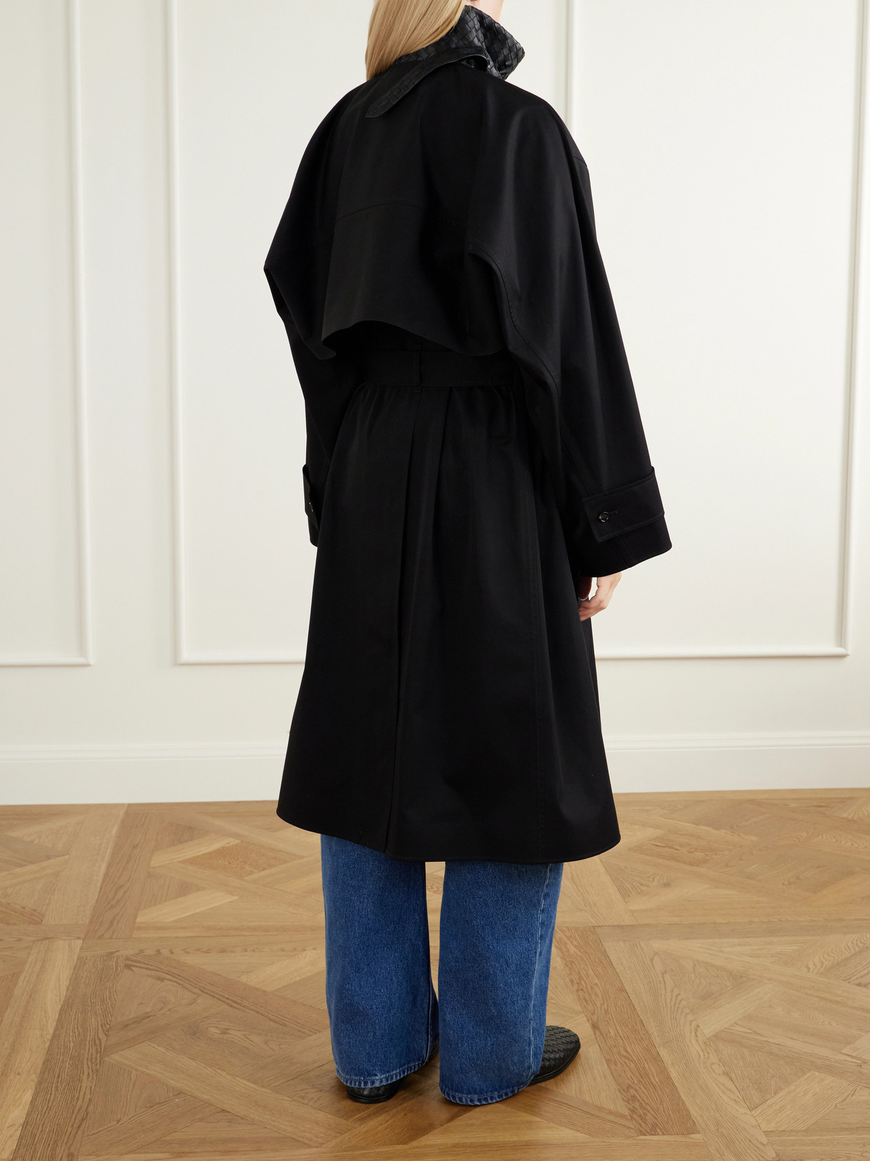 Belted Intrecciato Leather-Trimmed Cotton-Gabardine Coat