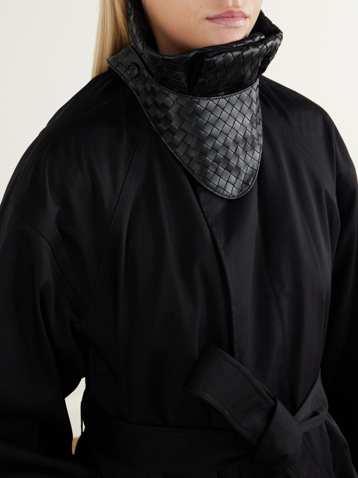 Belted Intrecciato Leather-Trimmed Cotton-Gabardine Coat