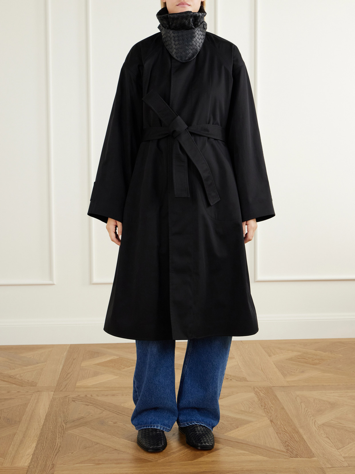 Belted Intrecciato Leather-Trimmed Cotton-Gabardine Coat