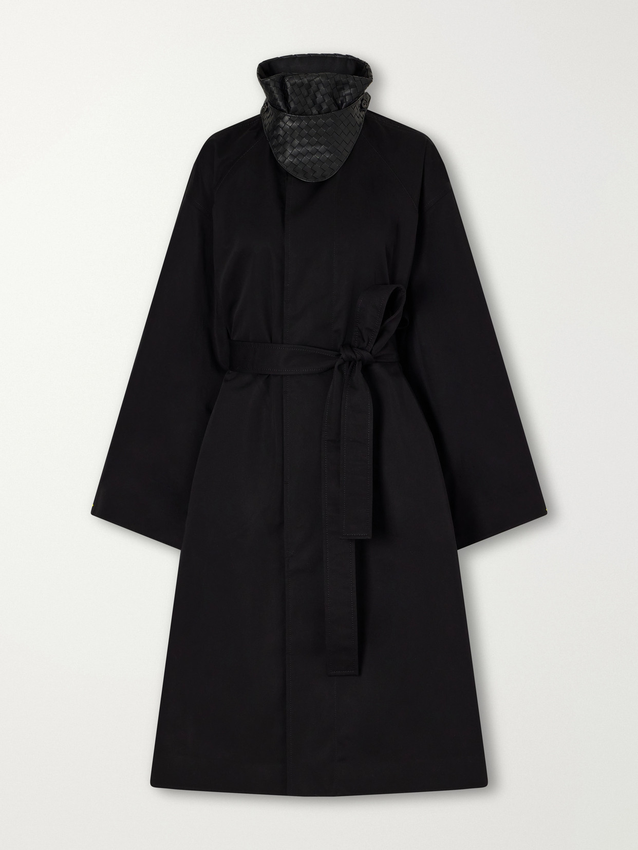 Belted Intrecciato Leather-Trimmed Cotton-Gabardine Coat