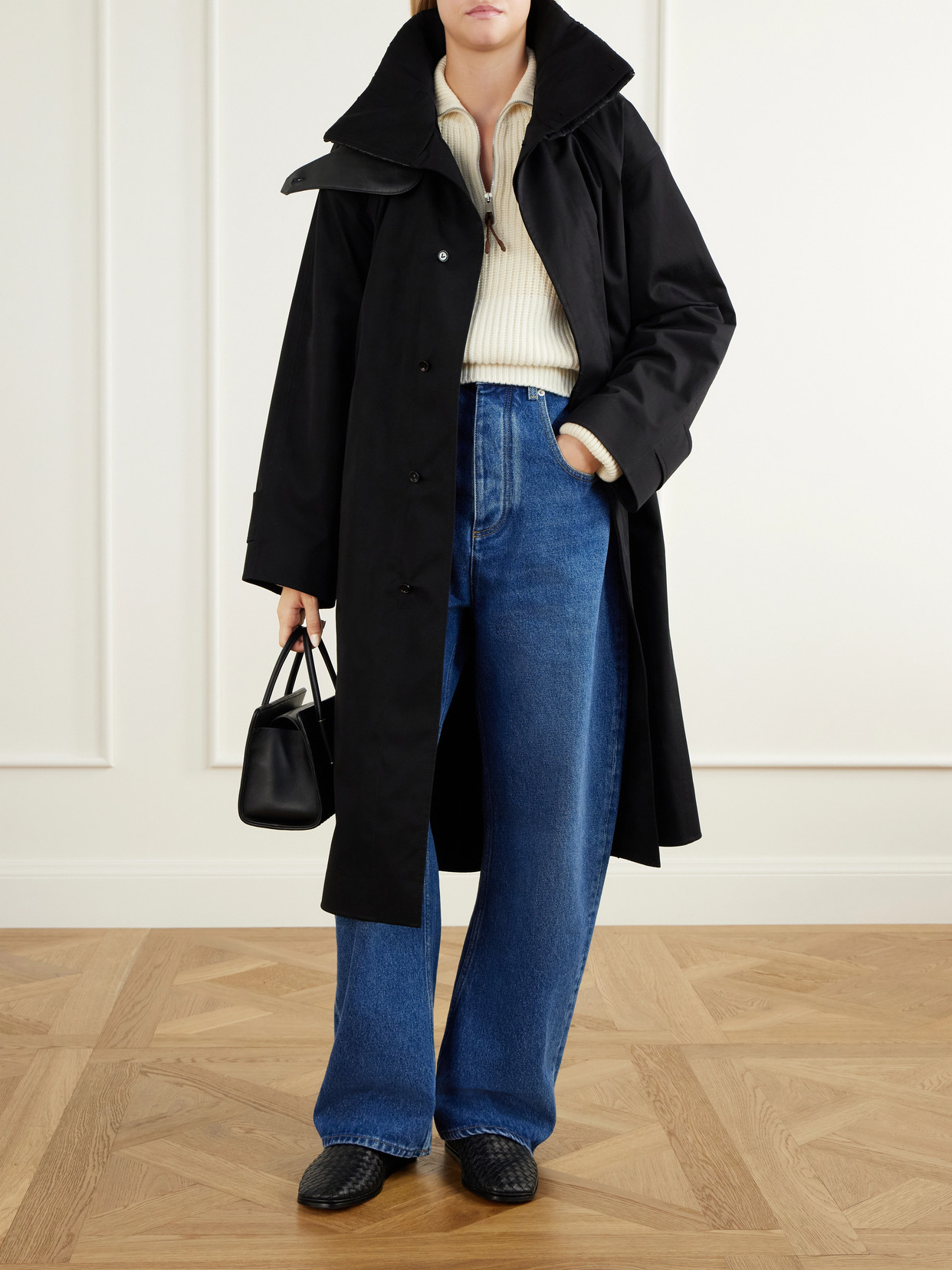 Belted Intrecciato Leather-Trimmed Cotton-Gabardine Coat