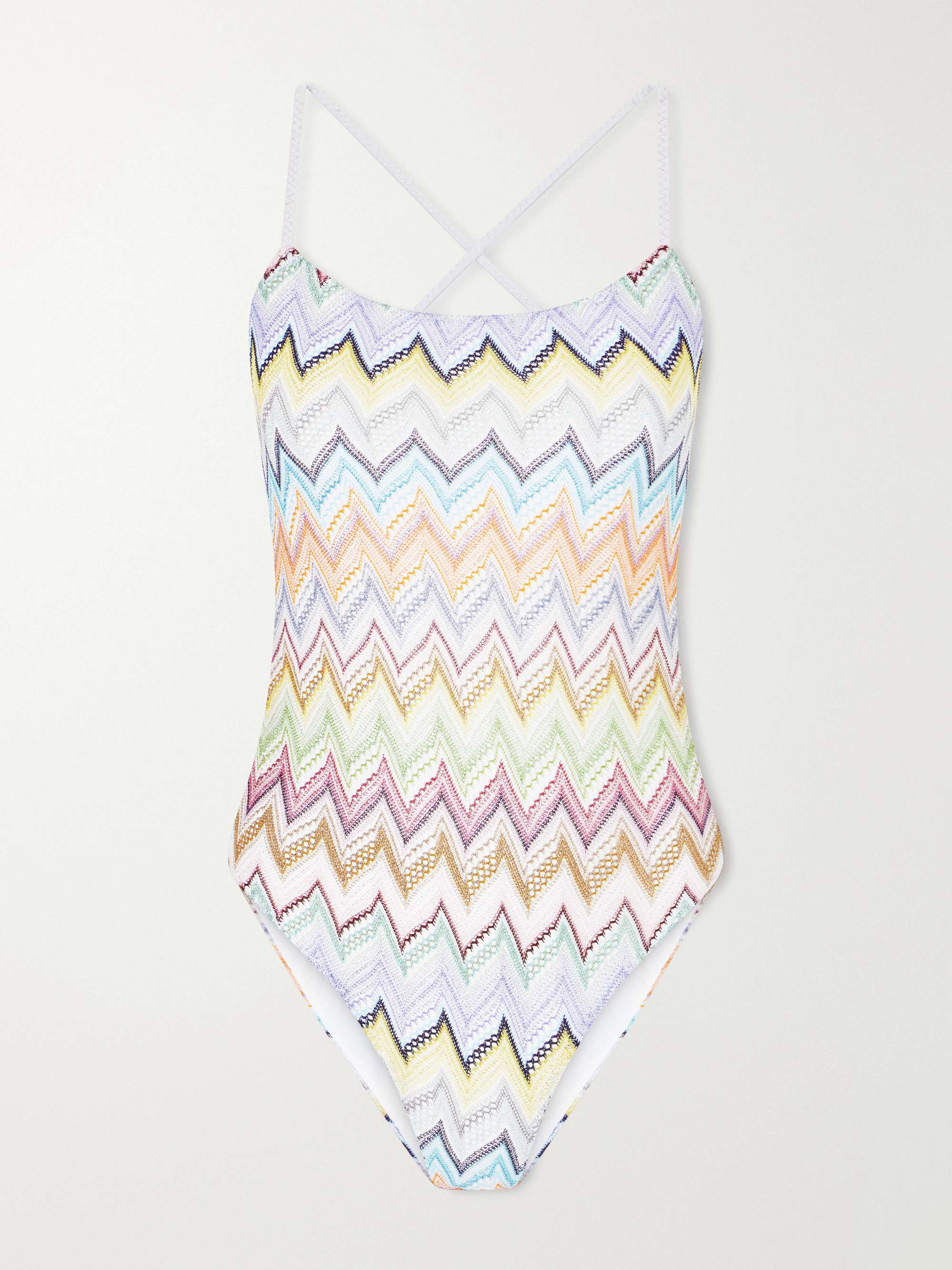 MISSONI Mare striped metallic crochet-knit swimsuit