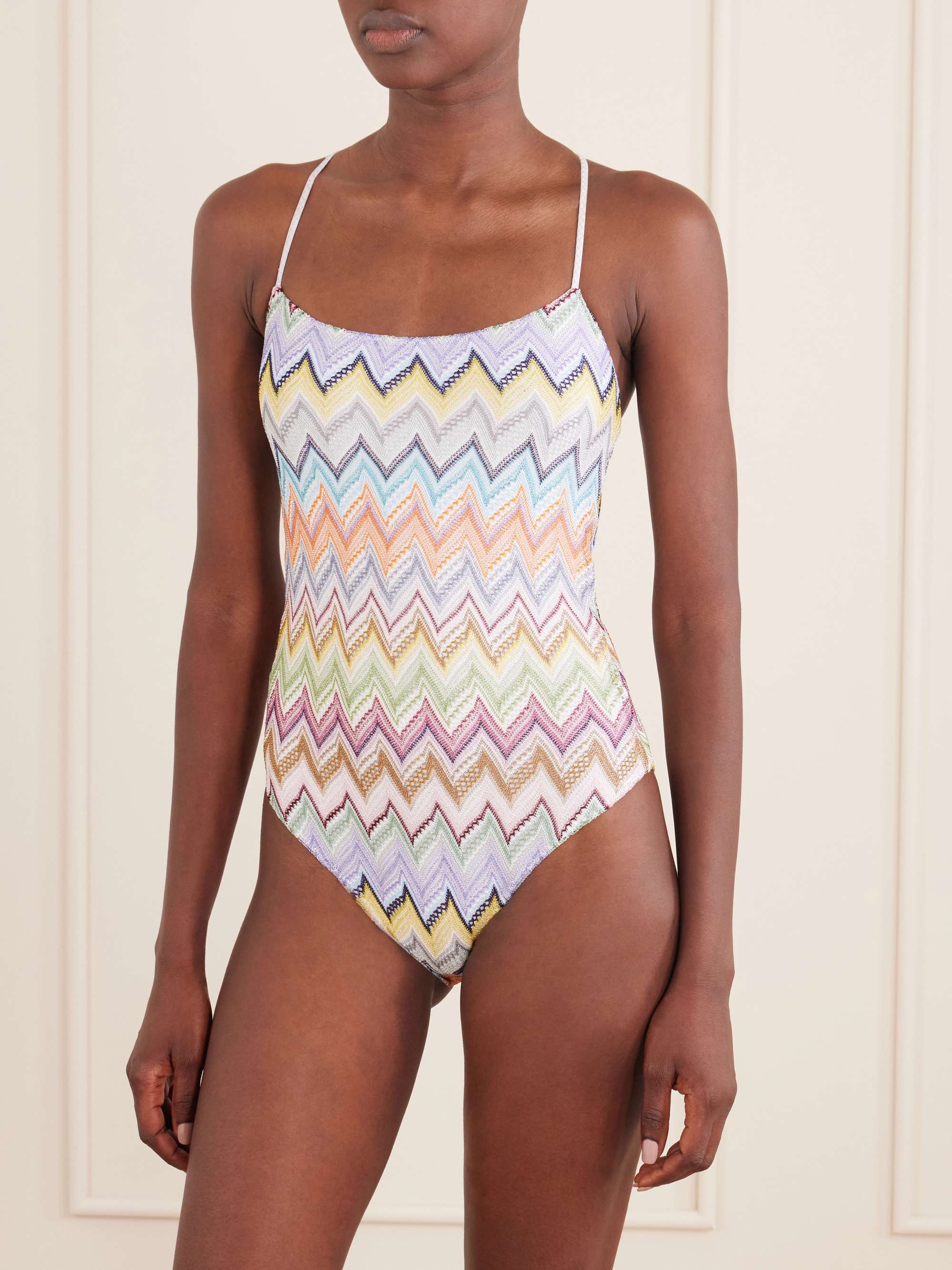 MISSONI Mare striped metallic crochet-knit swimsuit