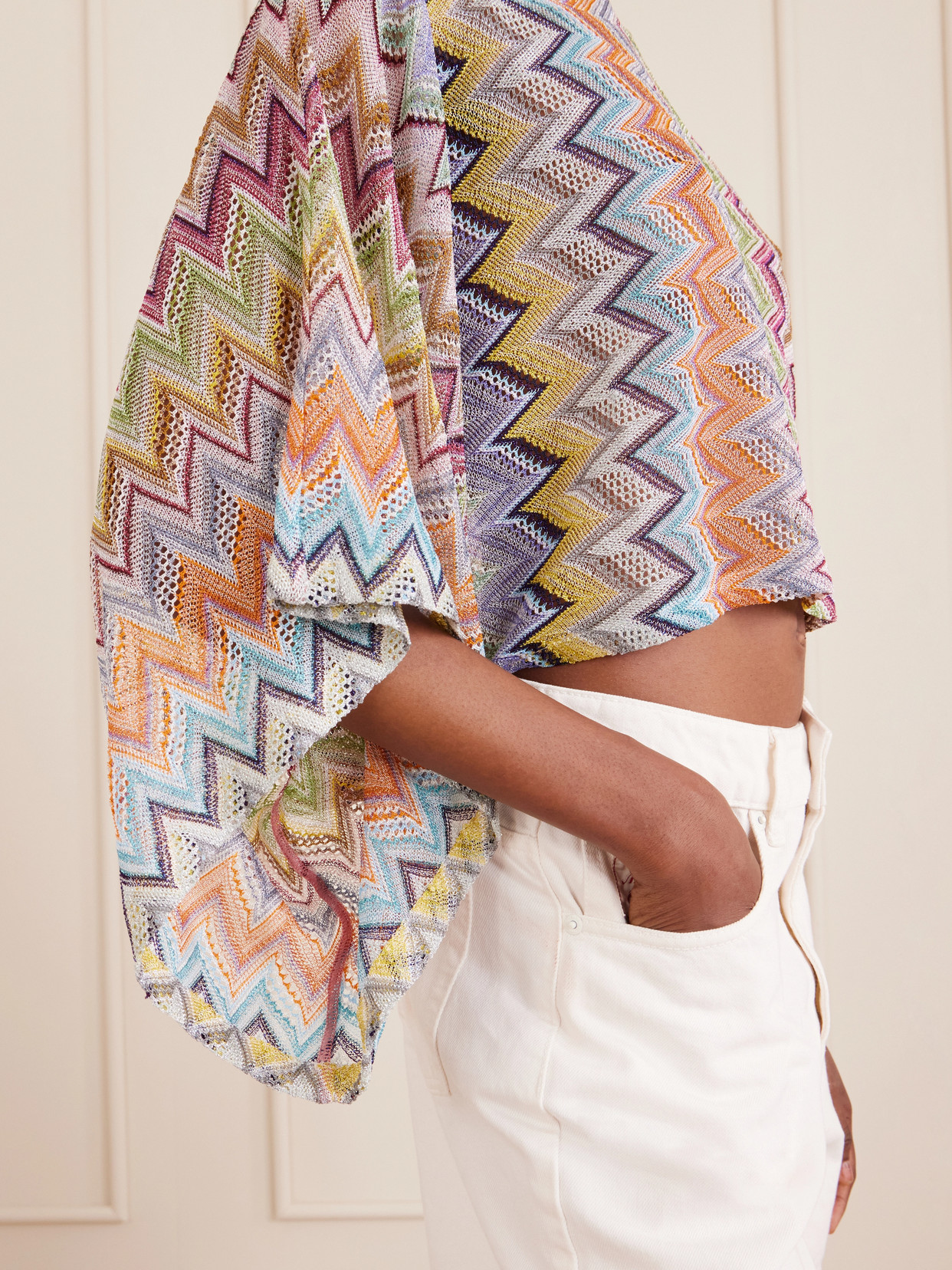 Striped Cropped Metallic Crochet-Knit Top