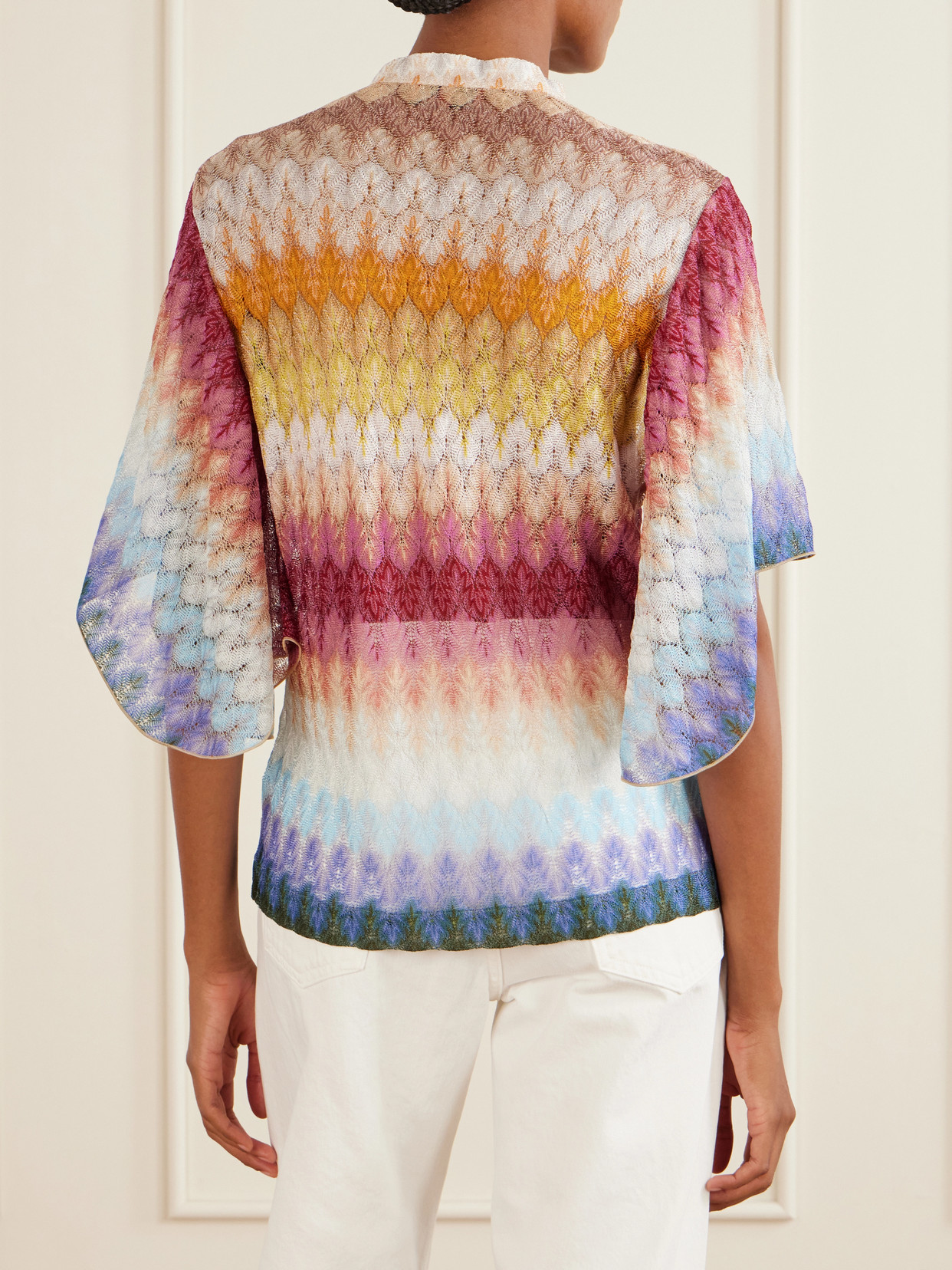 Tie-Detailed Striped Crochet-Knit Blouse