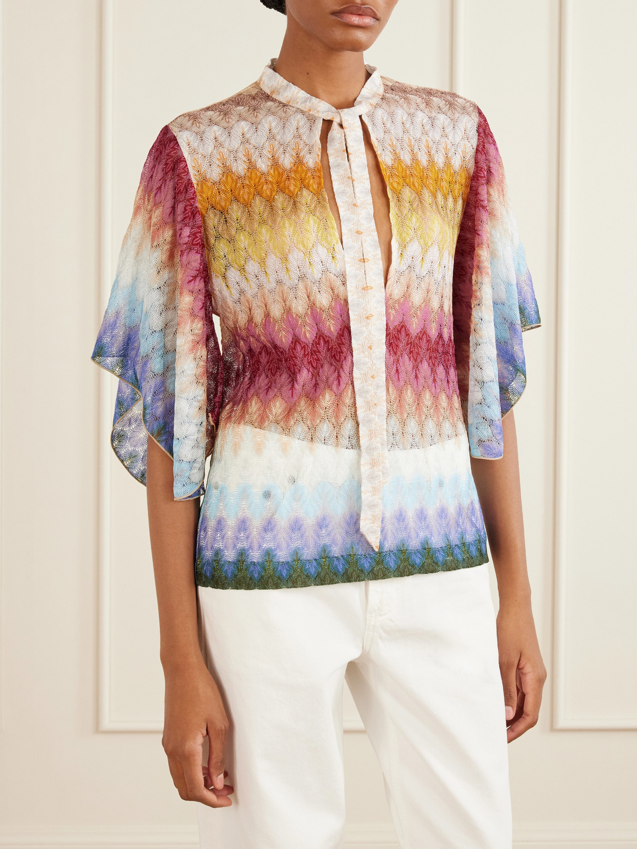 Tie-Detailed Striped Crochet-Knit Blouse
