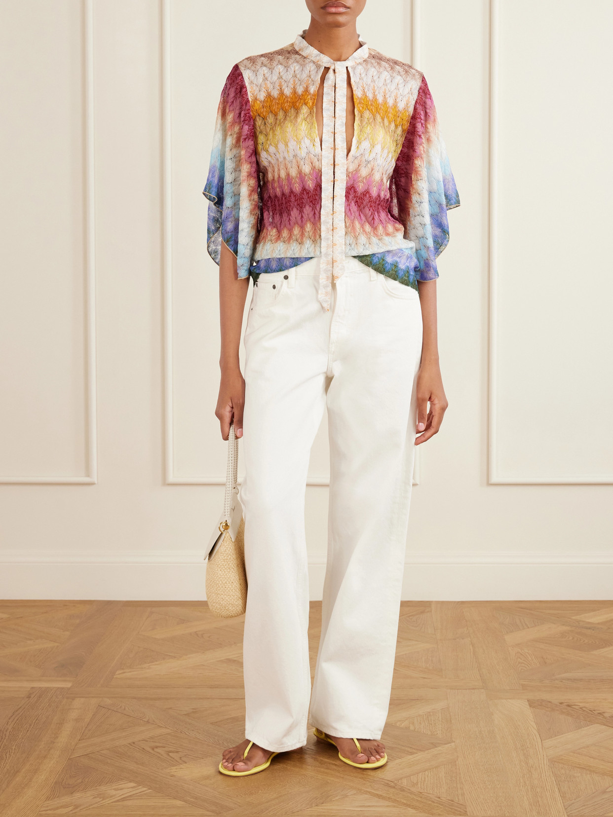Tie-Detailed Striped Crochet-Knit Blouse
