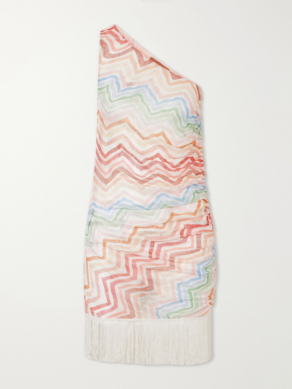 Missoni One-shoulder Fringed Striped Mesh Mini Dress In Pink