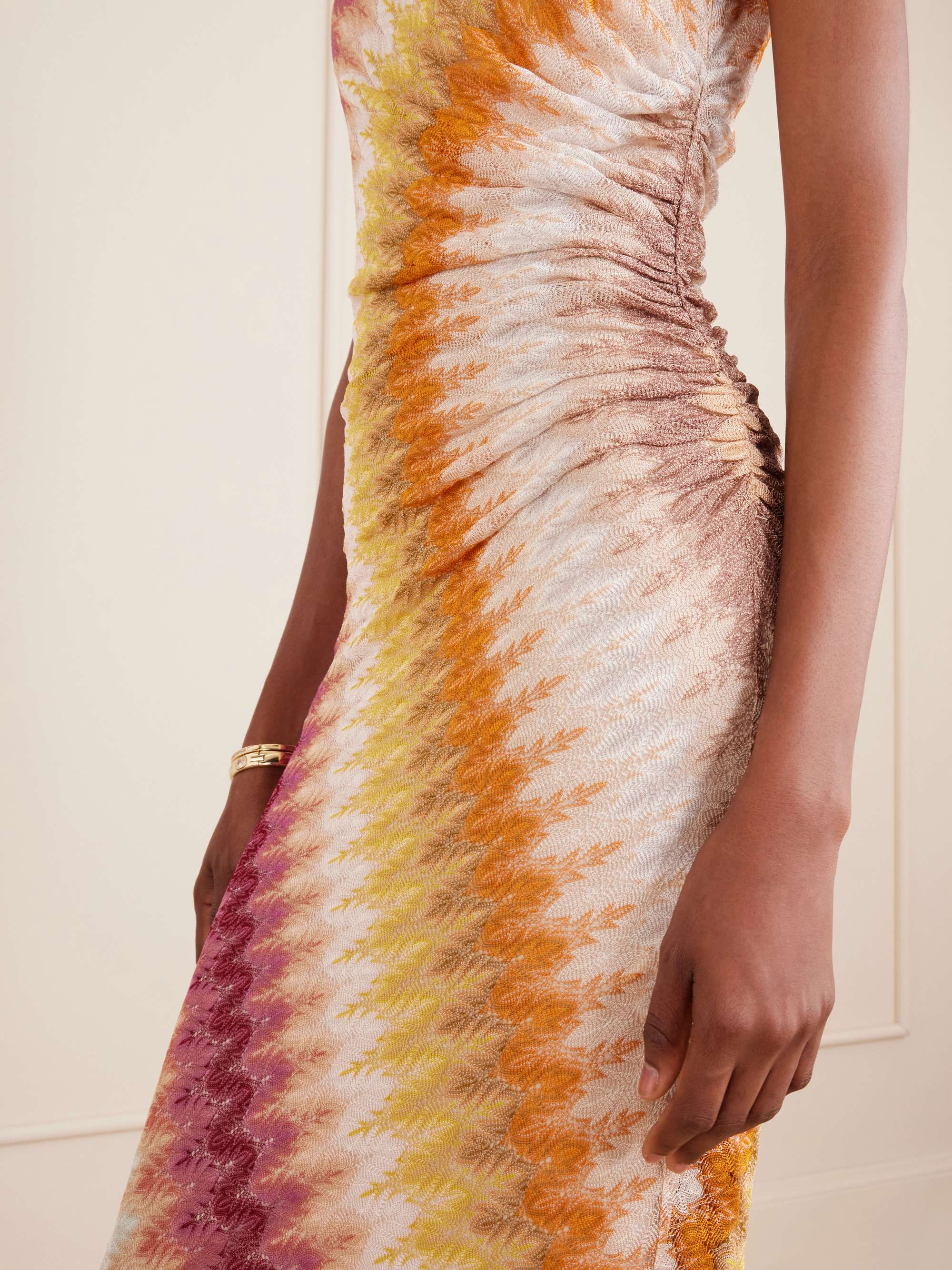 missoni gold cocktail dress One-shoulder sequin-embellished striped metallic crochet-knit maxi dress -  gold