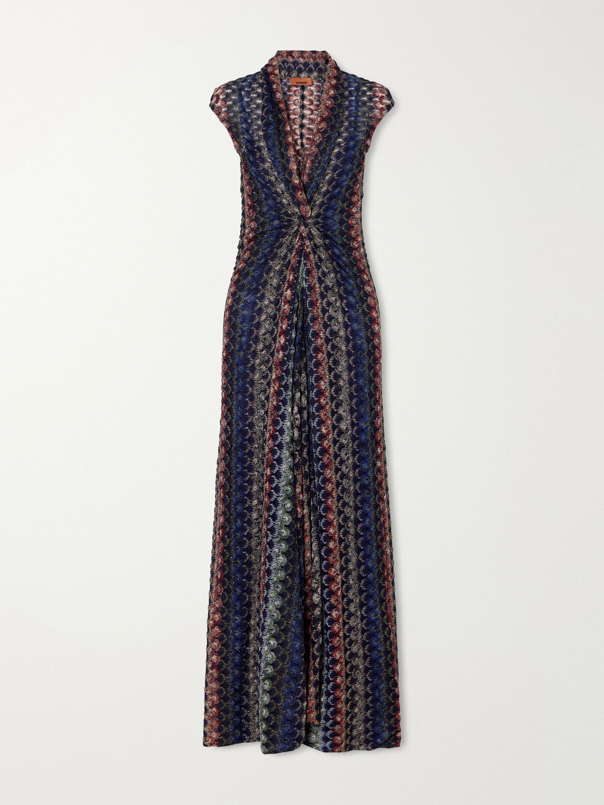 Gathered striped crochet-knit maxi dress