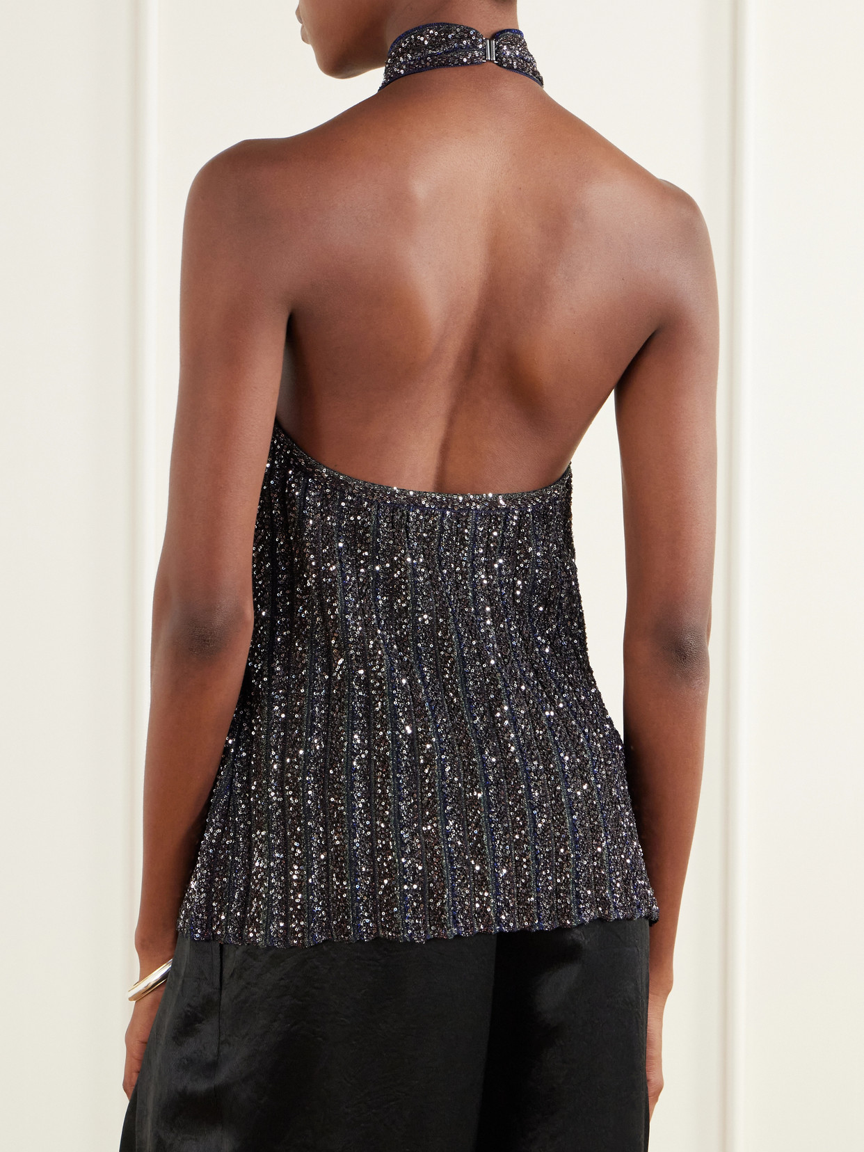Sequin-Embellished Striped Metallic Crochet-Knit Halterneck Top