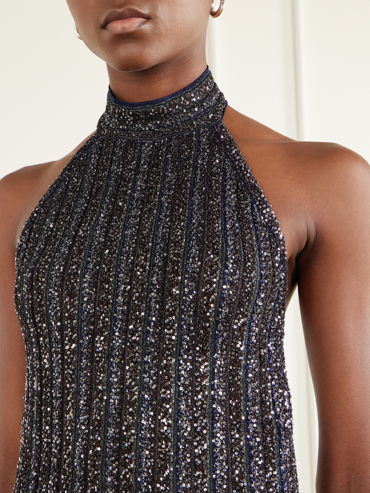 Sequin-Embellished Striped Metallic Crochet-Knit Halterneck Top